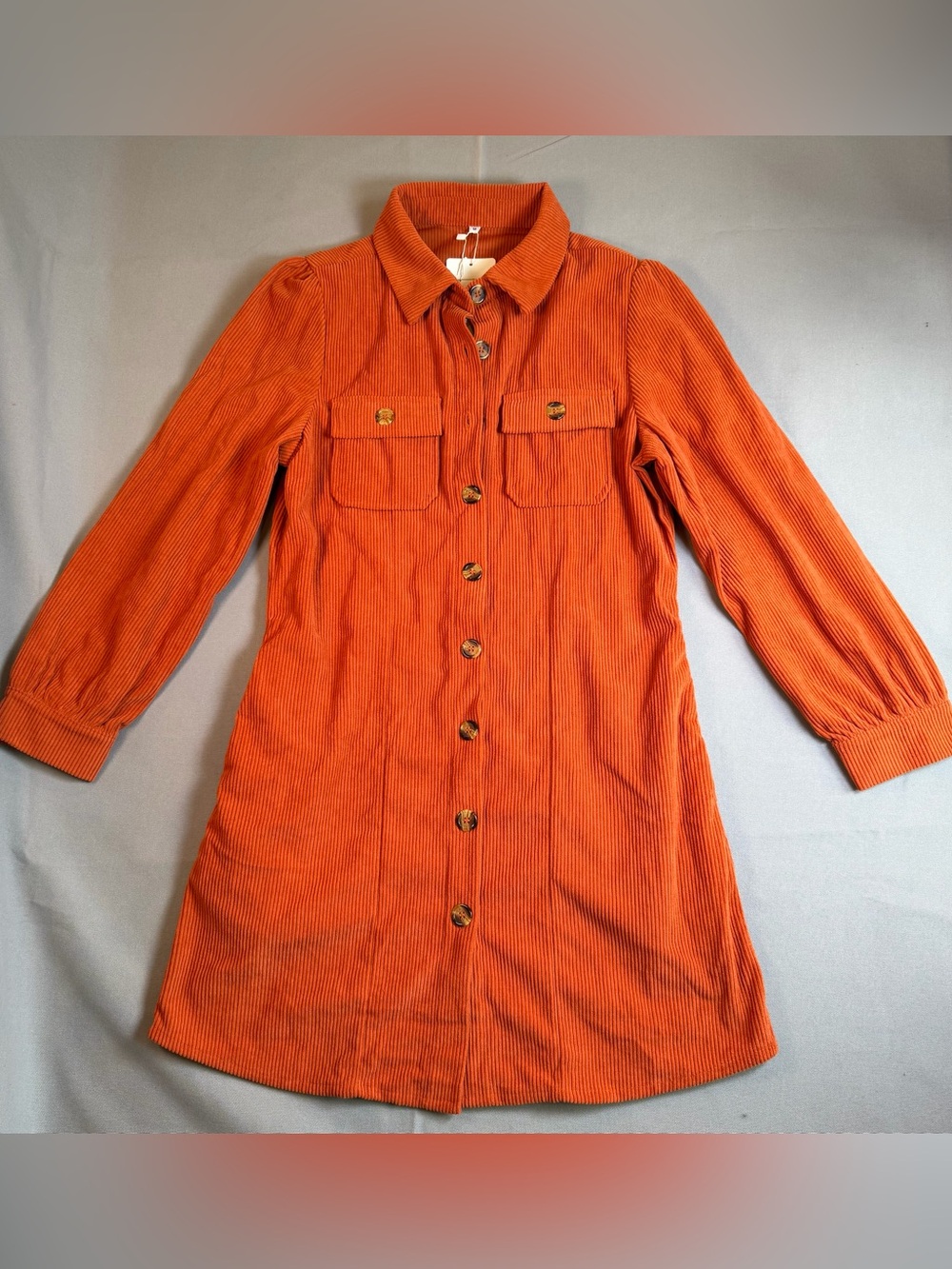 Women's szM Orange Corduroy Button-Front Long-sleeve Collared Dress Pockets NEW